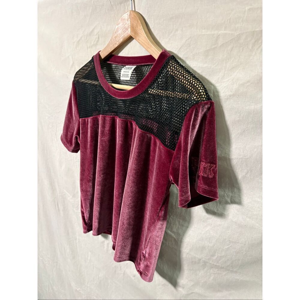 Victoria’s Secret PINK Velvet Mesh Yoke Short Sleeve Tee Burgundy Women’s S - Picture 2 of 7
